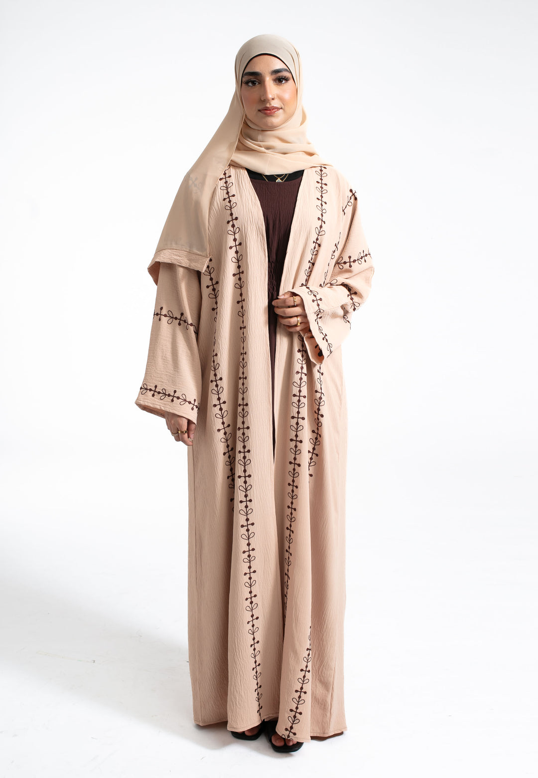 Beige Embroidered Kimono Abaya