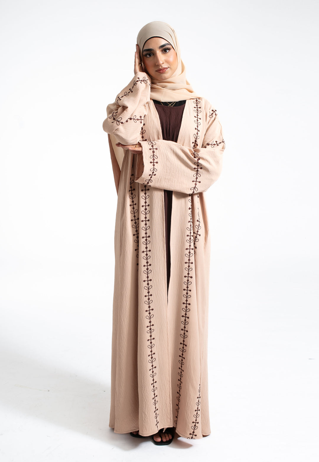 Beige Embroidered Kimono Abaya