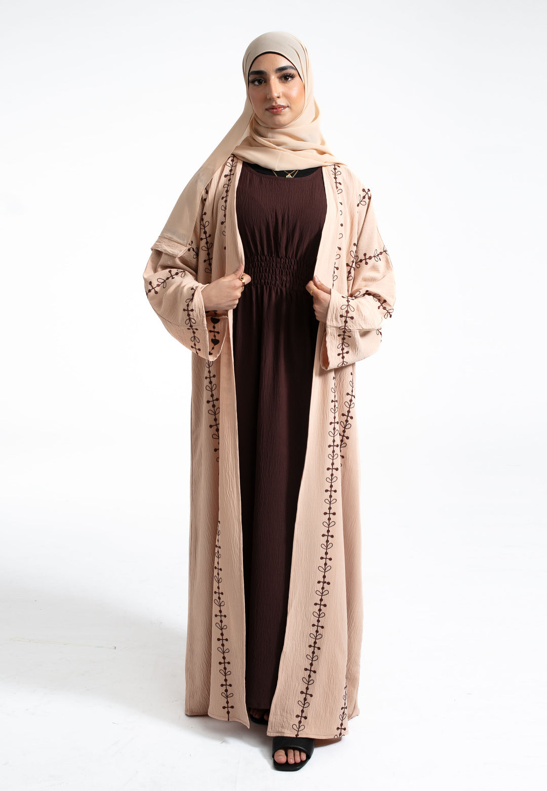 Beige Embroidered Kimono Abaya