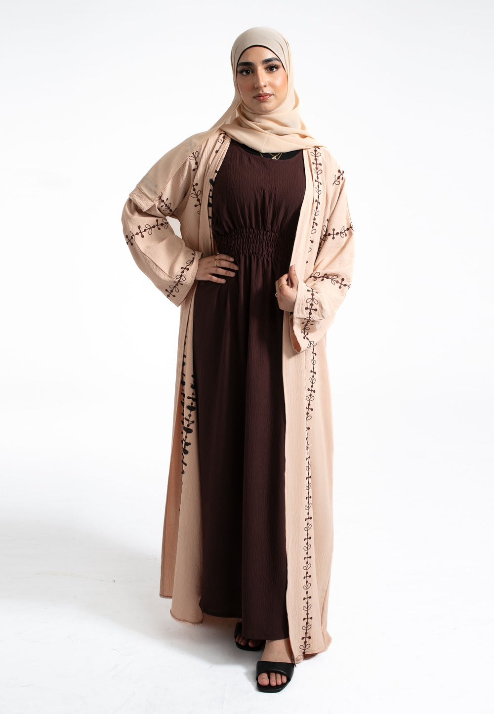 Beige Embroidered Kimono Abaya