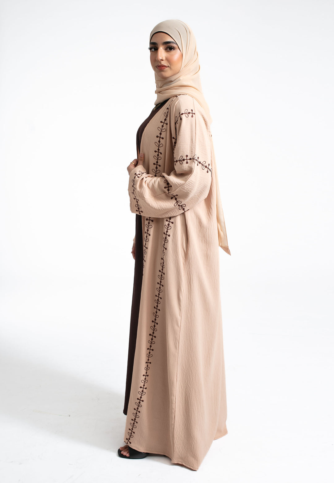 Beige Embroidered Kimono Abaya