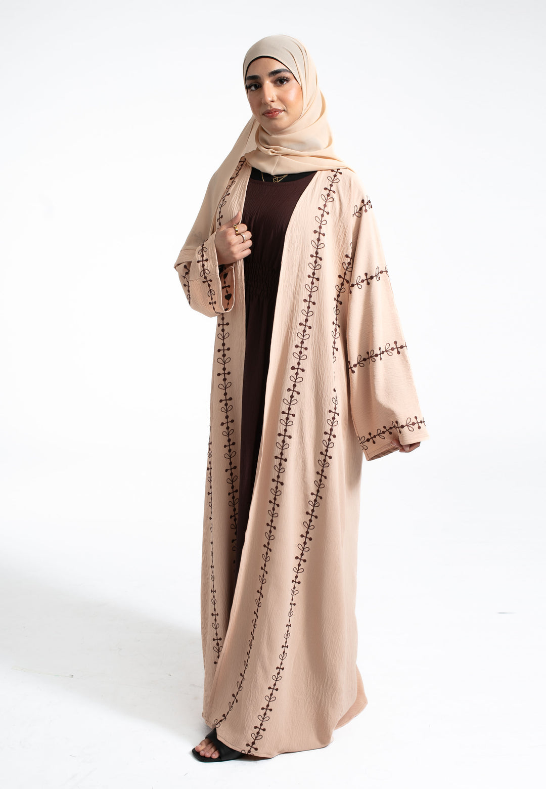 Beige Embroidered Kimono Abaya