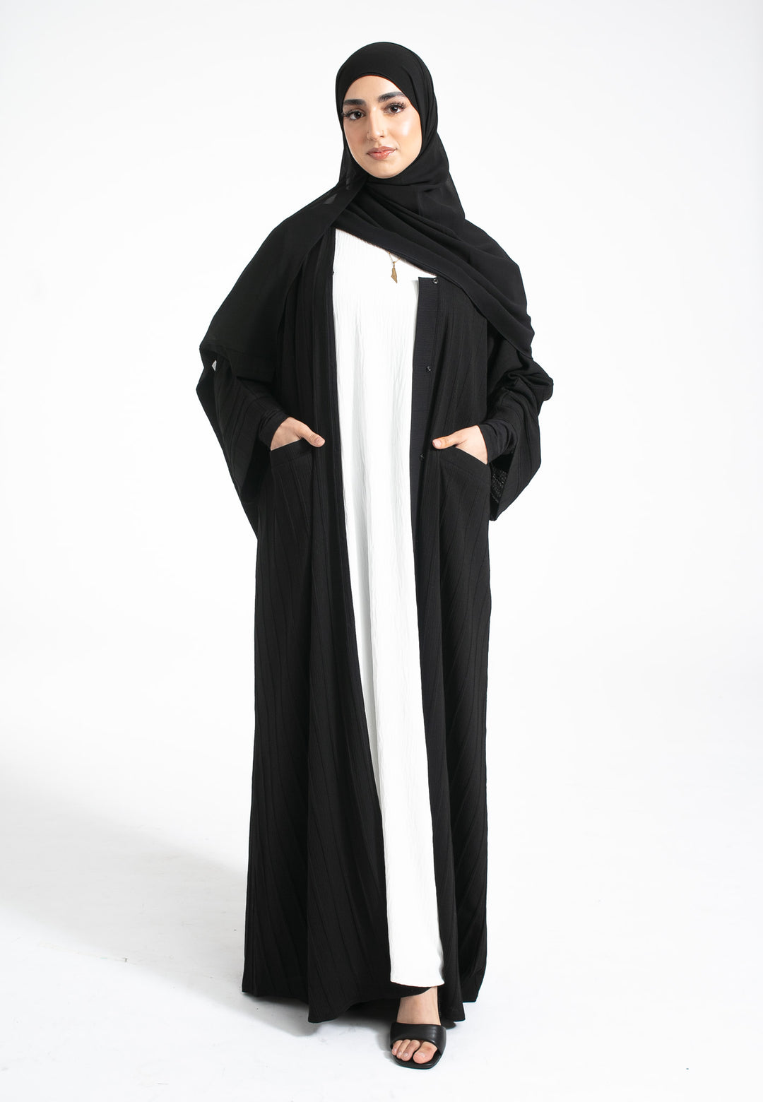 Black Open Abaya With Pockets