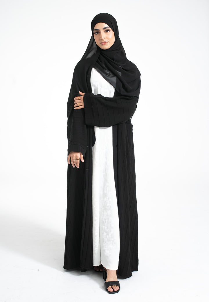 Black Open Abaya With Pockets