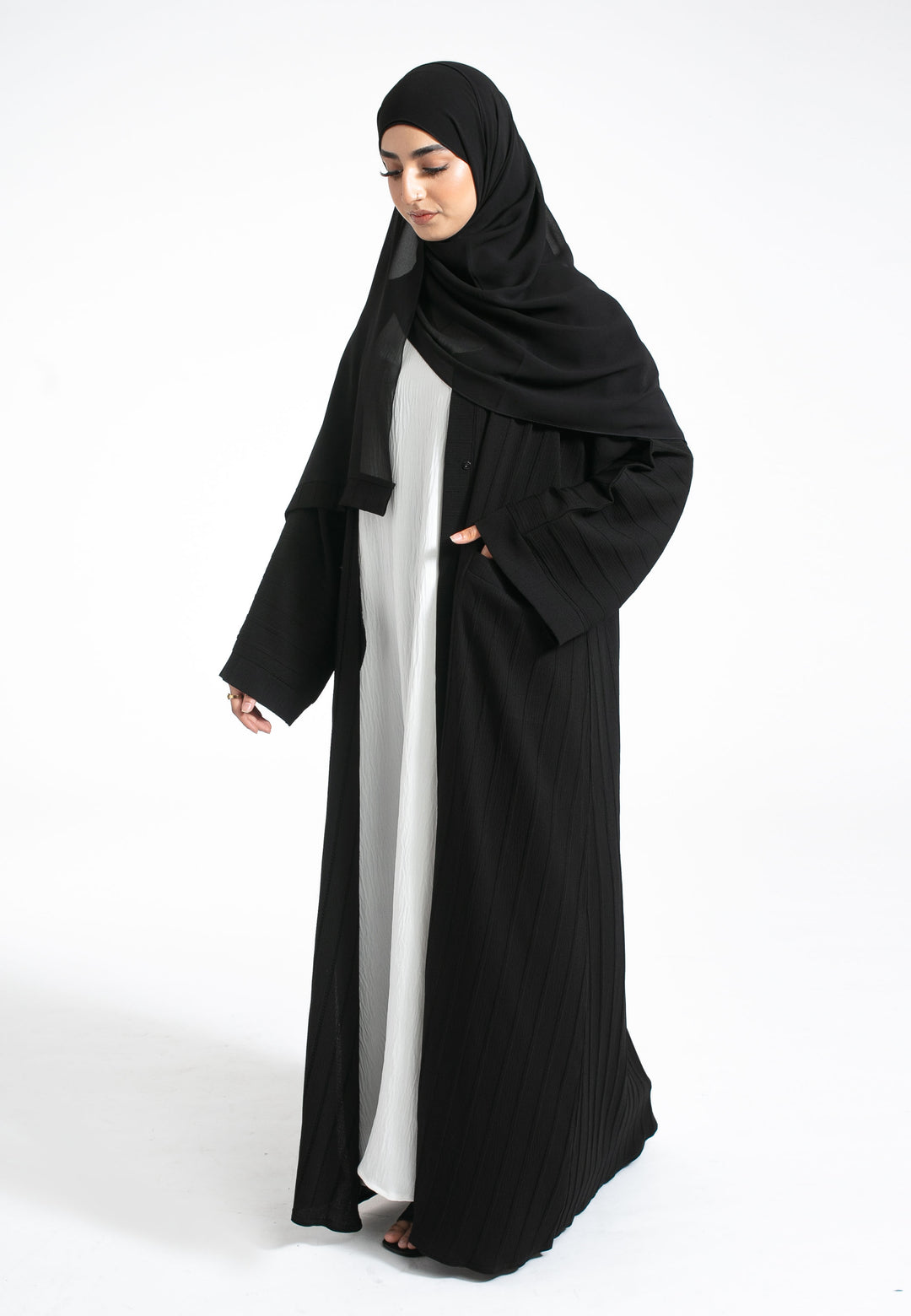 Black Open Abaya With Pockets