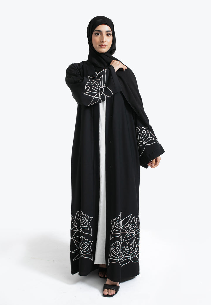 Black Embroidered Open Abaya