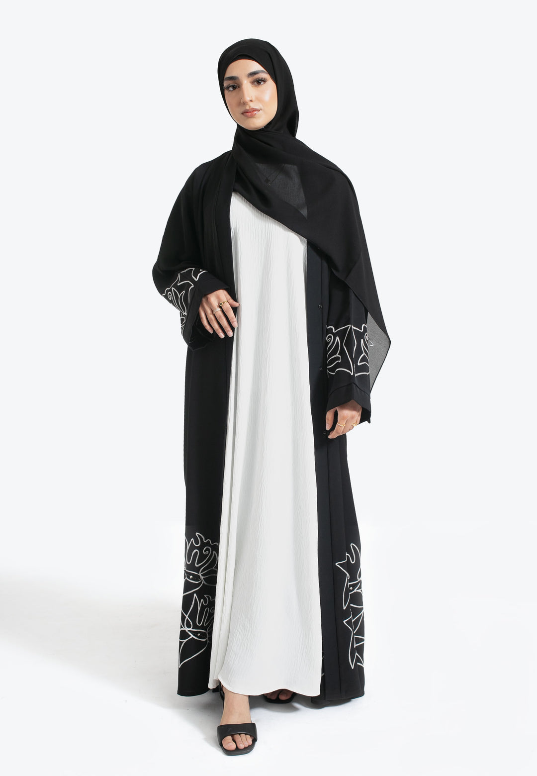 Black Embroidered Open Abaya