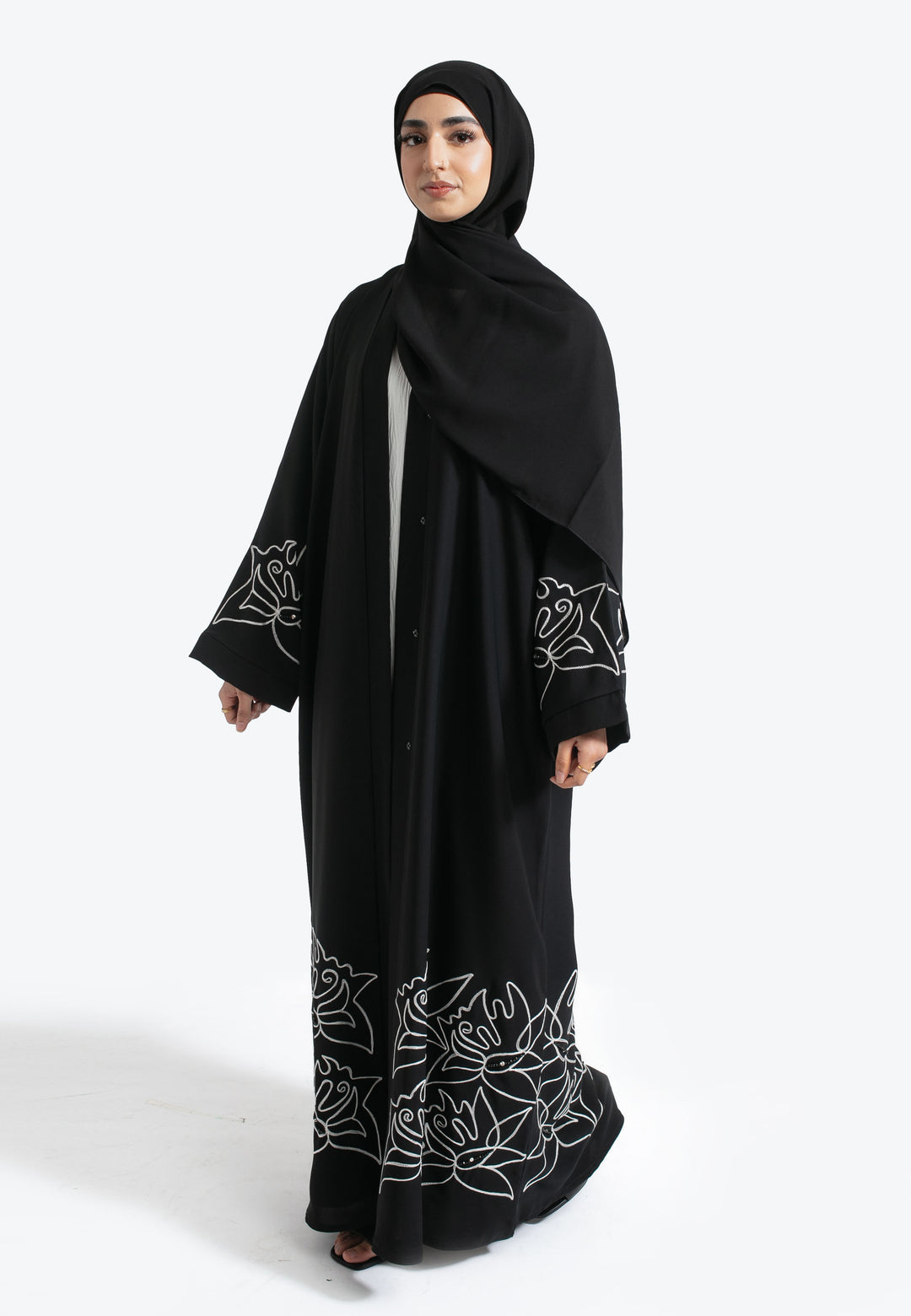 Black Embroidered Open Abaya