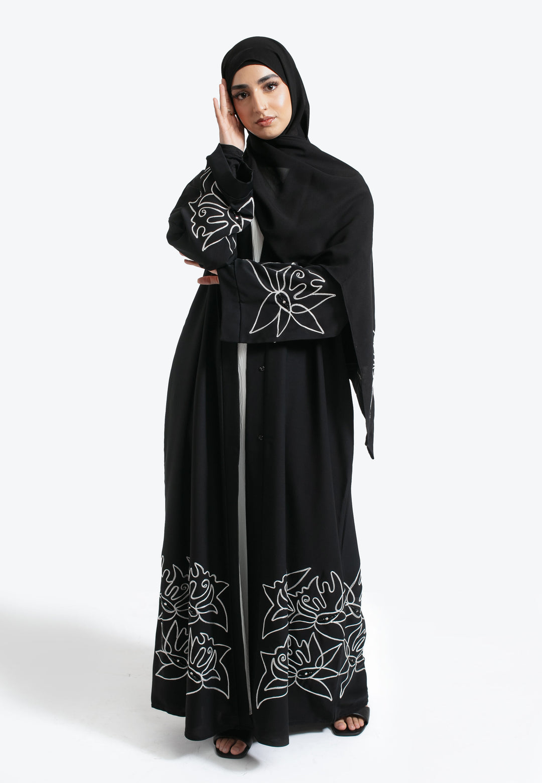 Black Embroidered Open Abaya