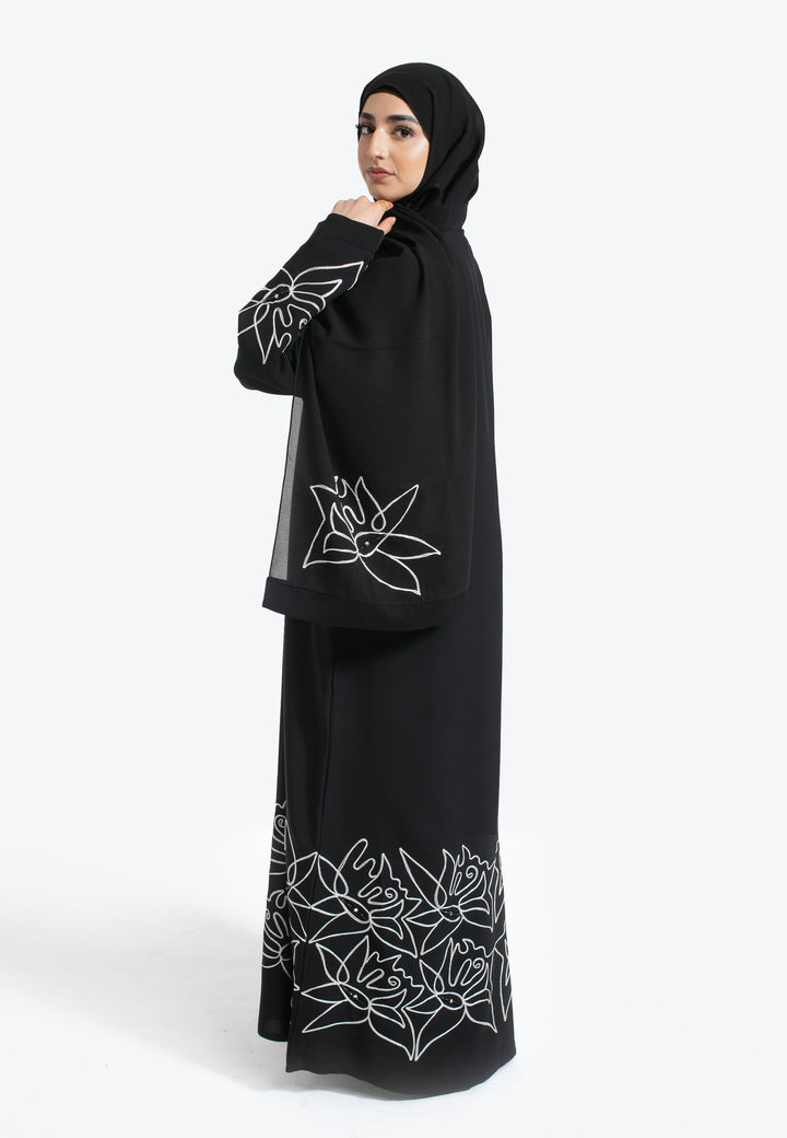 Black Embroidered Open Abaya