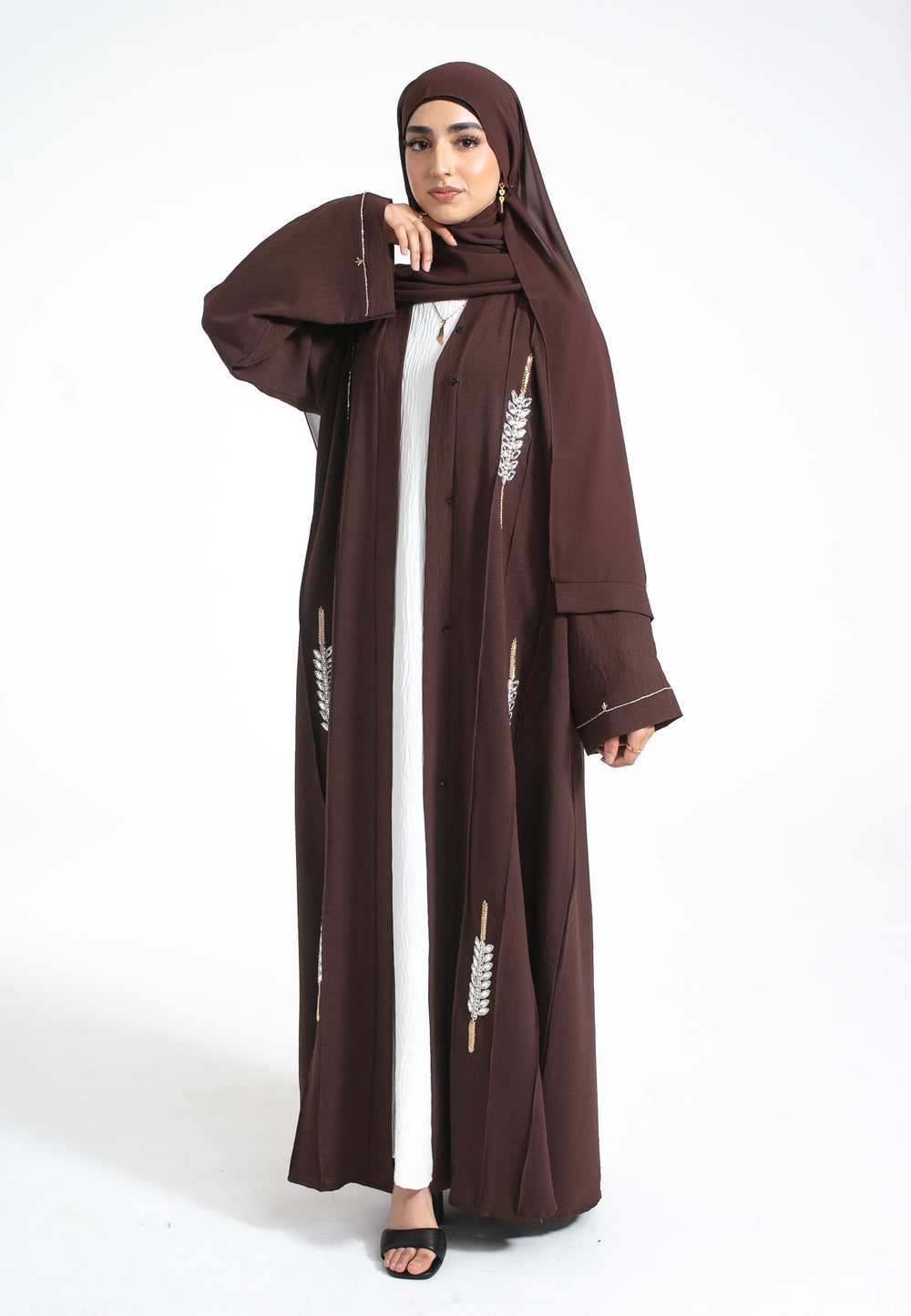 Luxury Brown Embellished Open Abaya