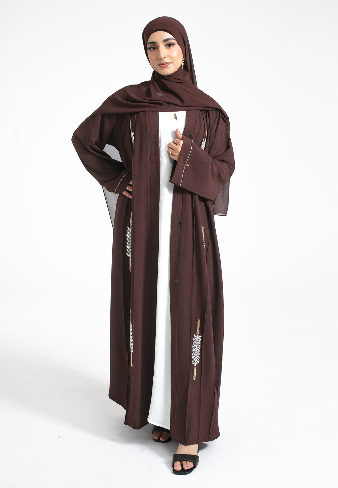 Luxury Brown Embellished Open Abaya