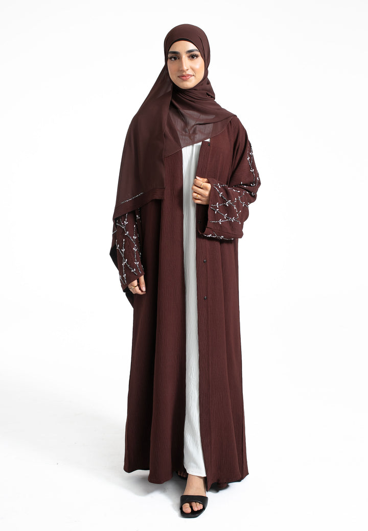 Brown Embellished Open Abaya