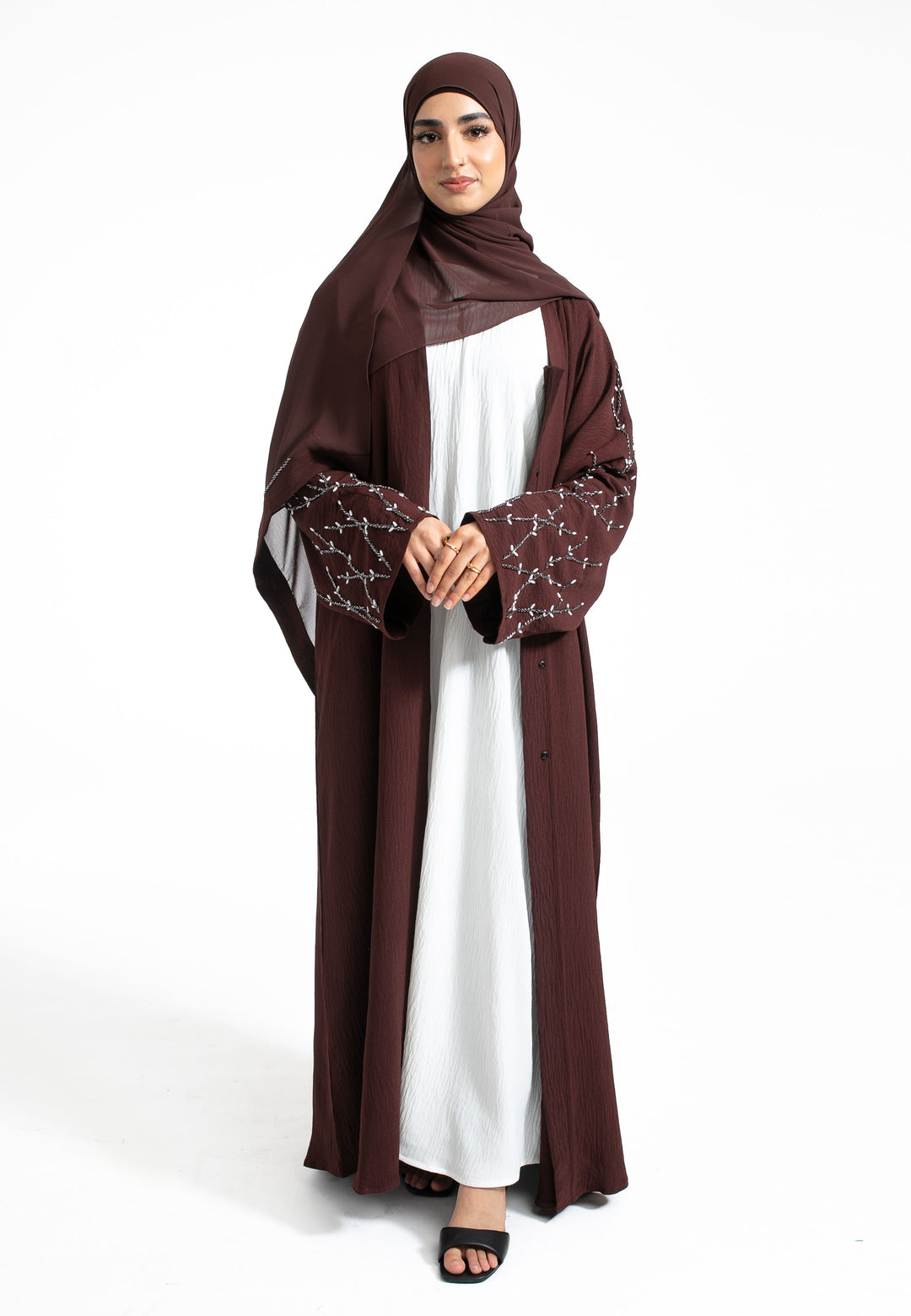 Brown Embellished Open Abaya