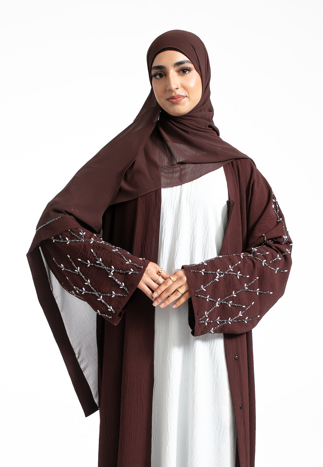 Brown Embellished Open Abaya