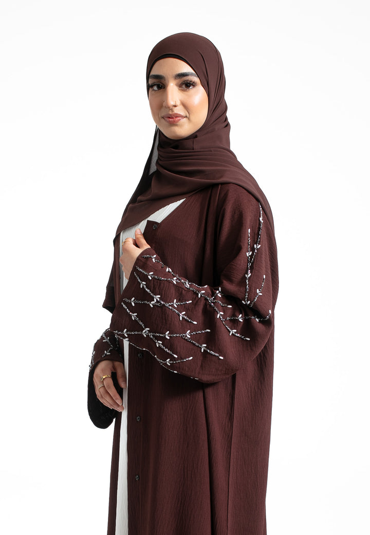 Brown Embellished Open Abaya