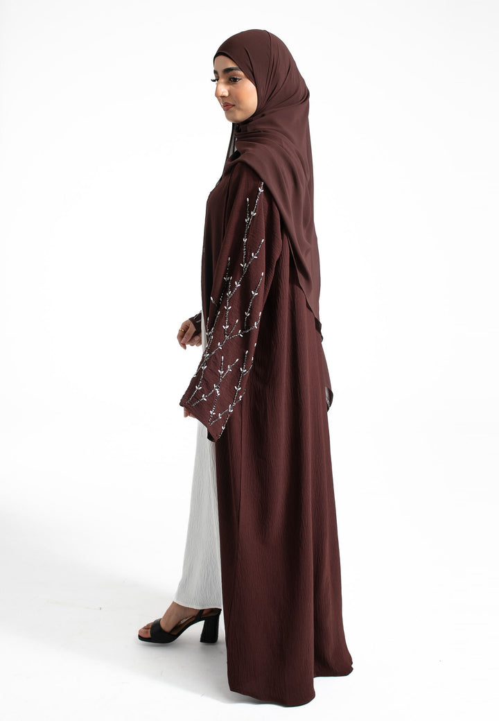 Brown Embellished Open Abaya