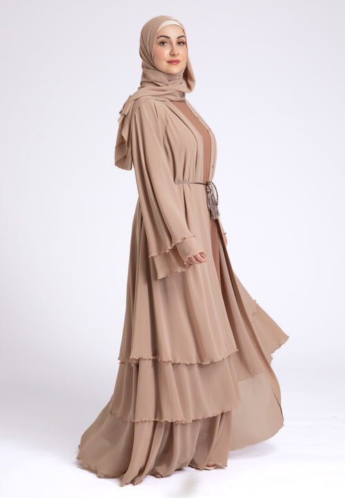 Luxury Butterscotch Beige 3 Layered Open Abaya with Inner Dress