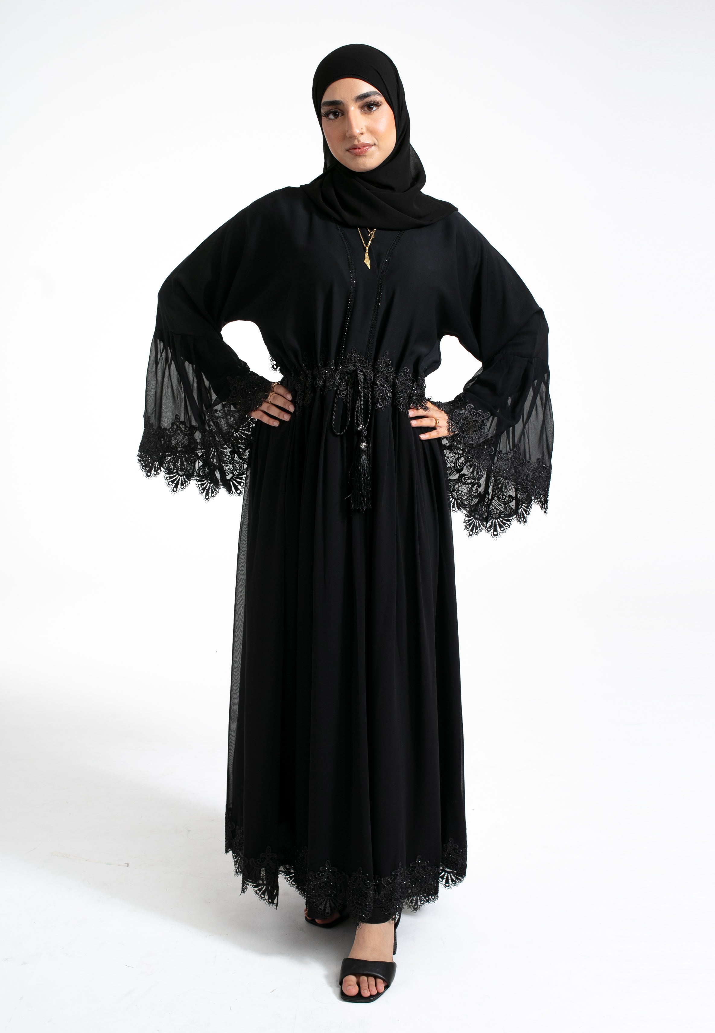 Flared A Line Lace Abaya With Lining Premium