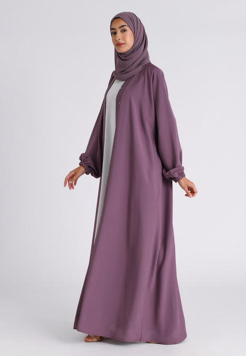Mulberry Plain Open Abaya With Elasticated Cuff Sleeves (Premium)