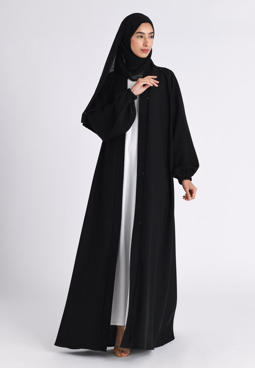 Plain Black Open Abaya With Elasticated Cuff Sleeves (Premium)