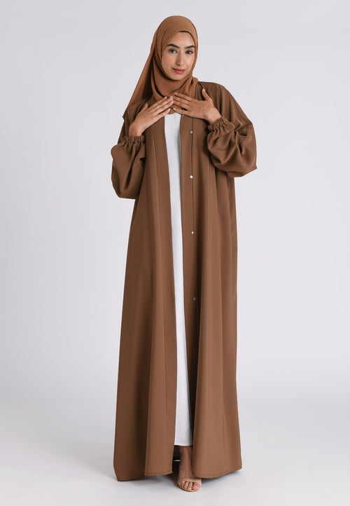 Toffee Plain Open Abaya With Elasticated Cuff Sleeves (Premium)
