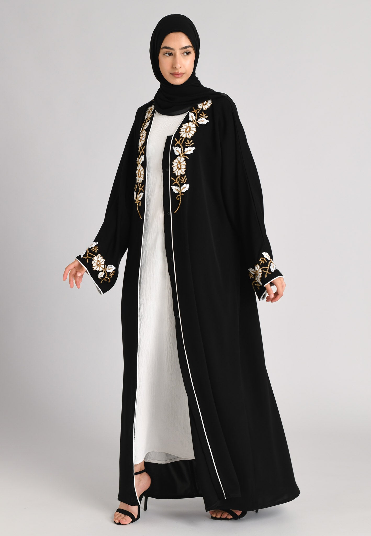 Buy White Gold Floral Closed Embellished Abaya Hayah Al