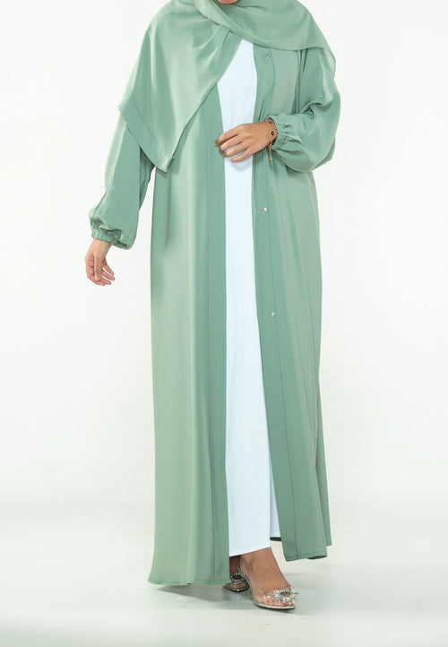 Sage Green Plain Open Abaya With Elasticated Cuff Sleeves (Premium)